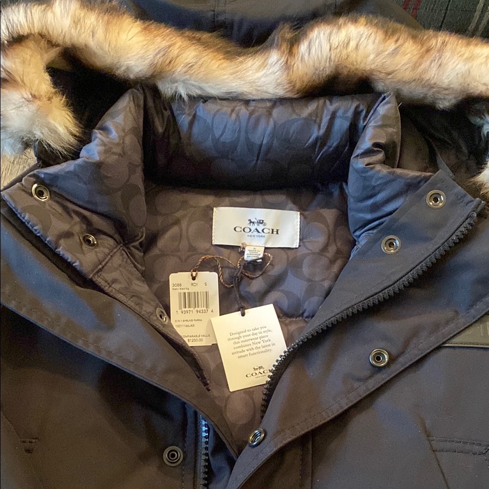 Coach Black Puffer Jacket with Faux Fur Trim